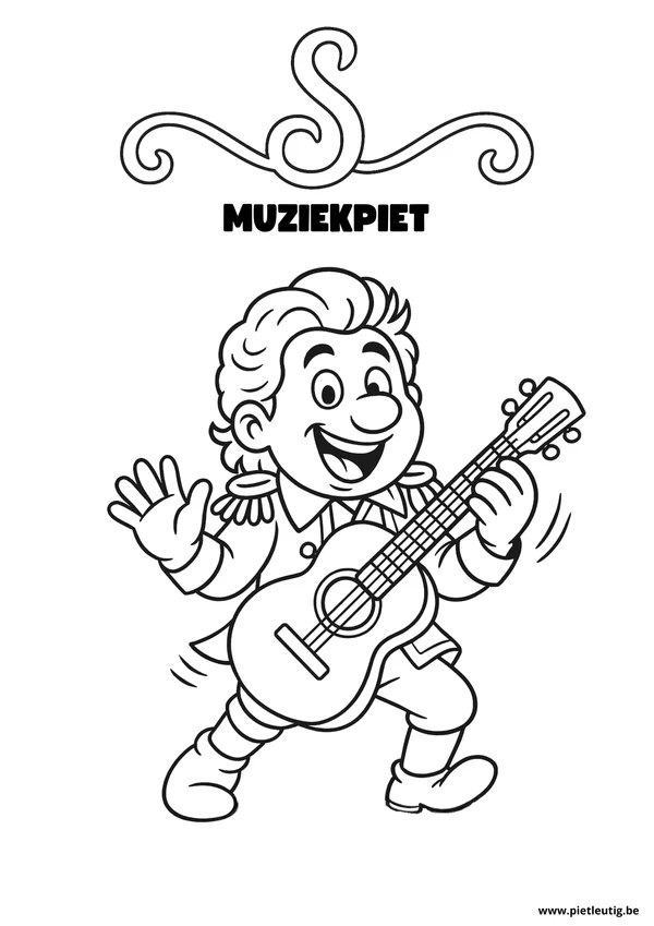 Kleurplaat van muziek piet, in lijntekening om in te kleuren