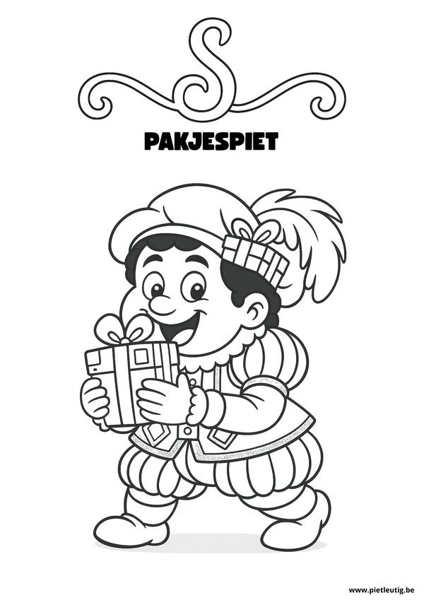 Kleurplaat van pakjes piet, in lijntekening om in te kleuren